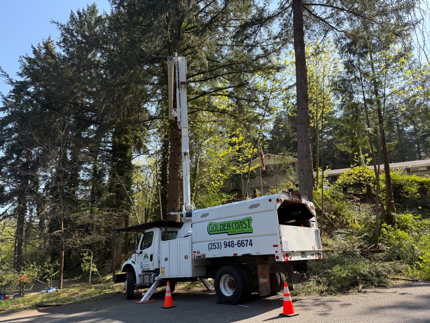 Golden Coast Tree Care truck set up on a residential street